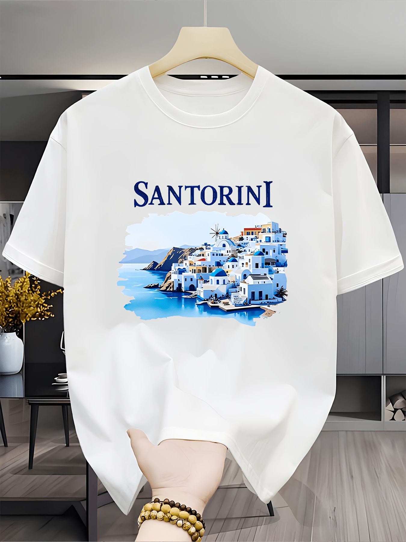 Men'S Fashion Greece - Maglietta vintage con paesaggio di Santorini,
